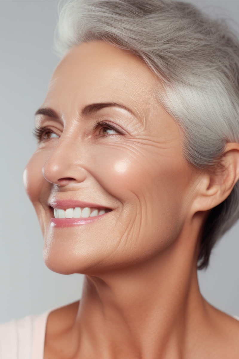 Portrait of fifty year old woman with well-groomed rejuvenated face