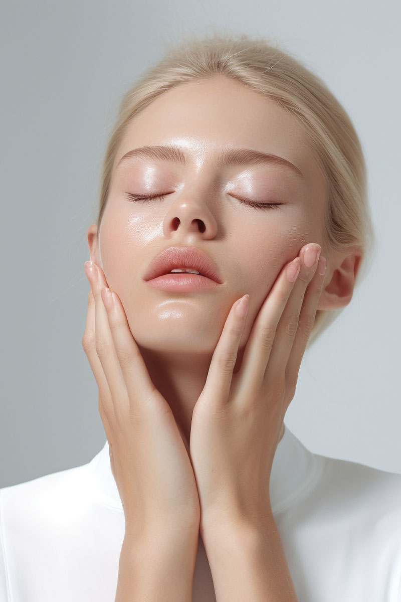 Woman eyes closed with hands holding face