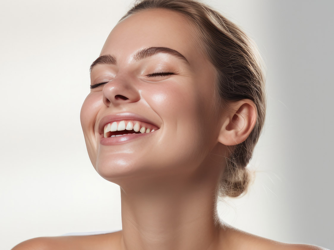 joyful woman with closed eyes showcasing a radiant smile for a skincare advertisement, perfect skin, cosmetics mockup, face turned to the left on a white background