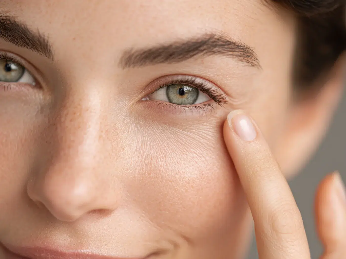 A macro shot of a womans eye area showing visible crows feet and under eye wrinkles